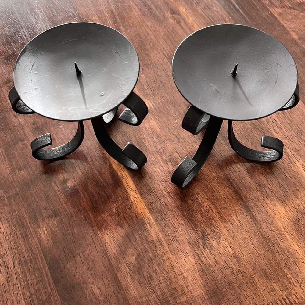 Set of 2 Black Wrought Iron Pillar Candle Holders